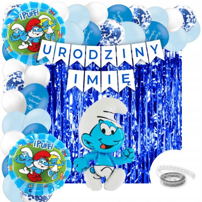 Zestaw balony Smerfy Smerf baner Urodziny + Imię Kurtyna