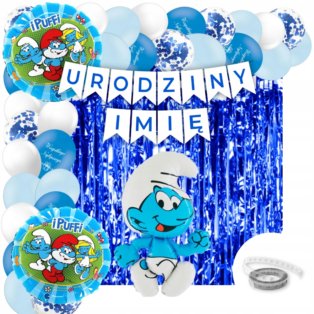 Zestaw balony Smerfy Smerf baner Urodziny + Imię Kurtyna