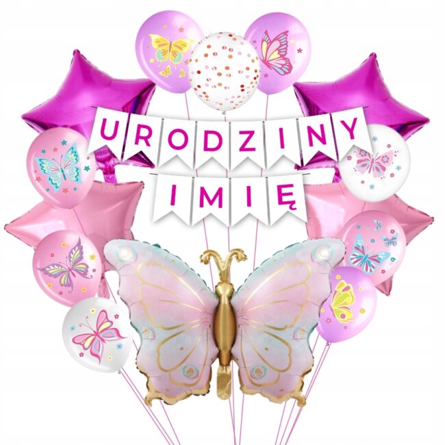 Zestaw urodzinowy Motyl Motylek Motylki Balony Baner Urodziny + Imię