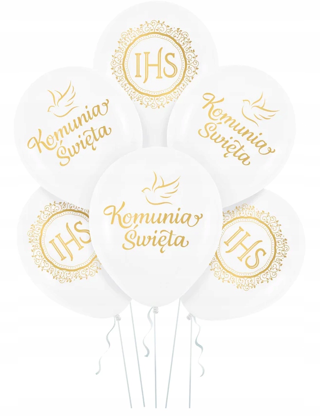 Balony lateksowe Komunia Święta Gołąbek IHS złote z konfetti 10 sztuk - obrazek 2