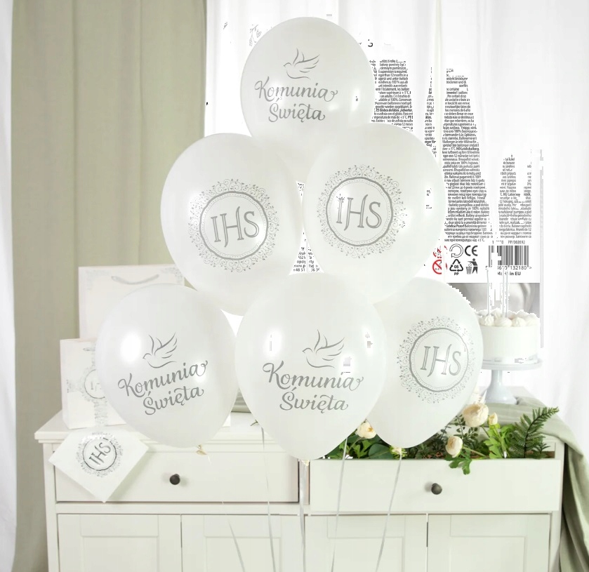 Balony lateksowe Komunia Święta Gołąbek IHS srebrne 6 sztuk PK30 - obrazek 3