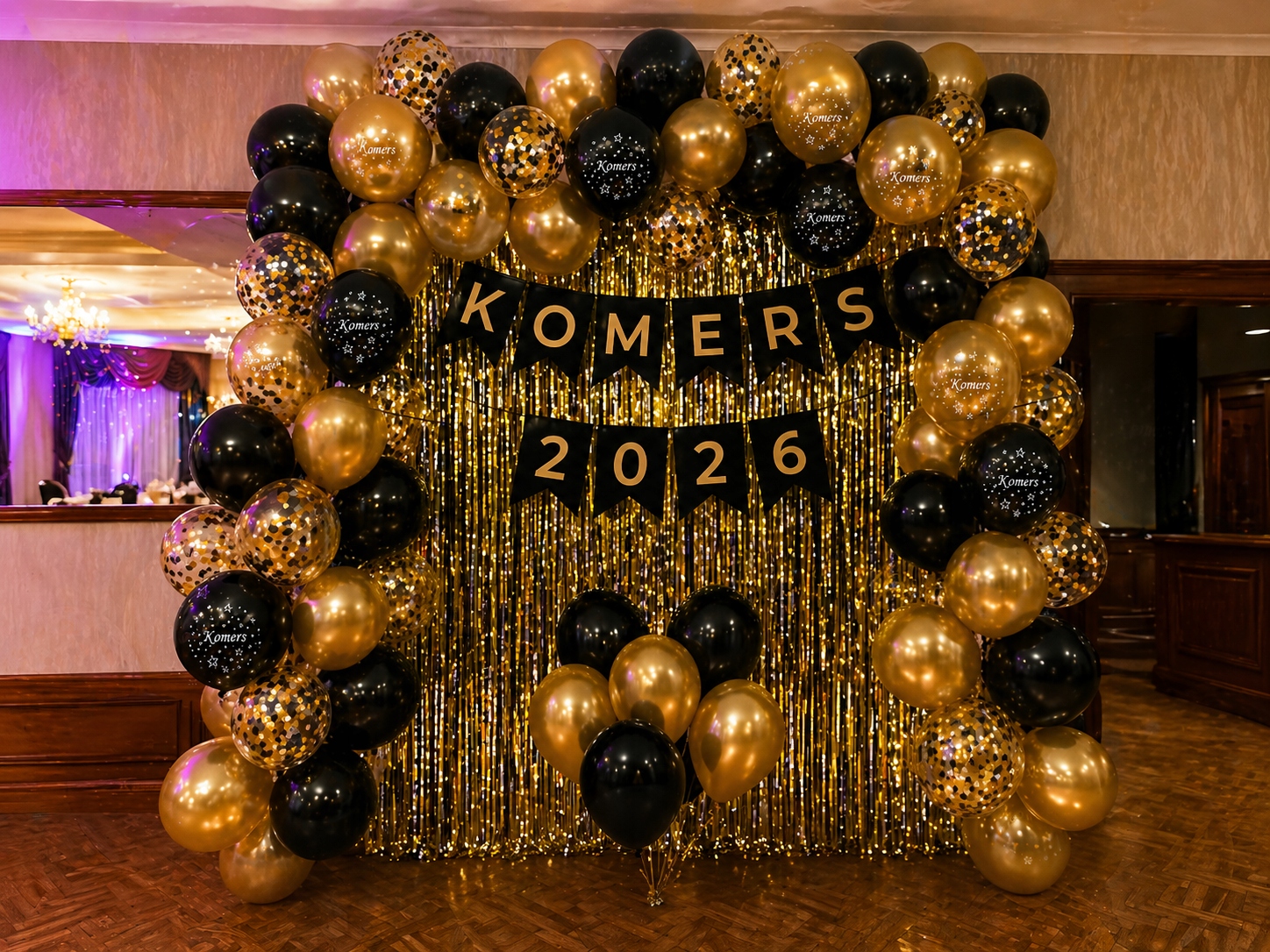 Zestaw na KOMERS 2026 Balony Baner Kurtyna Dekoracje czarno-złote - obrazek 2