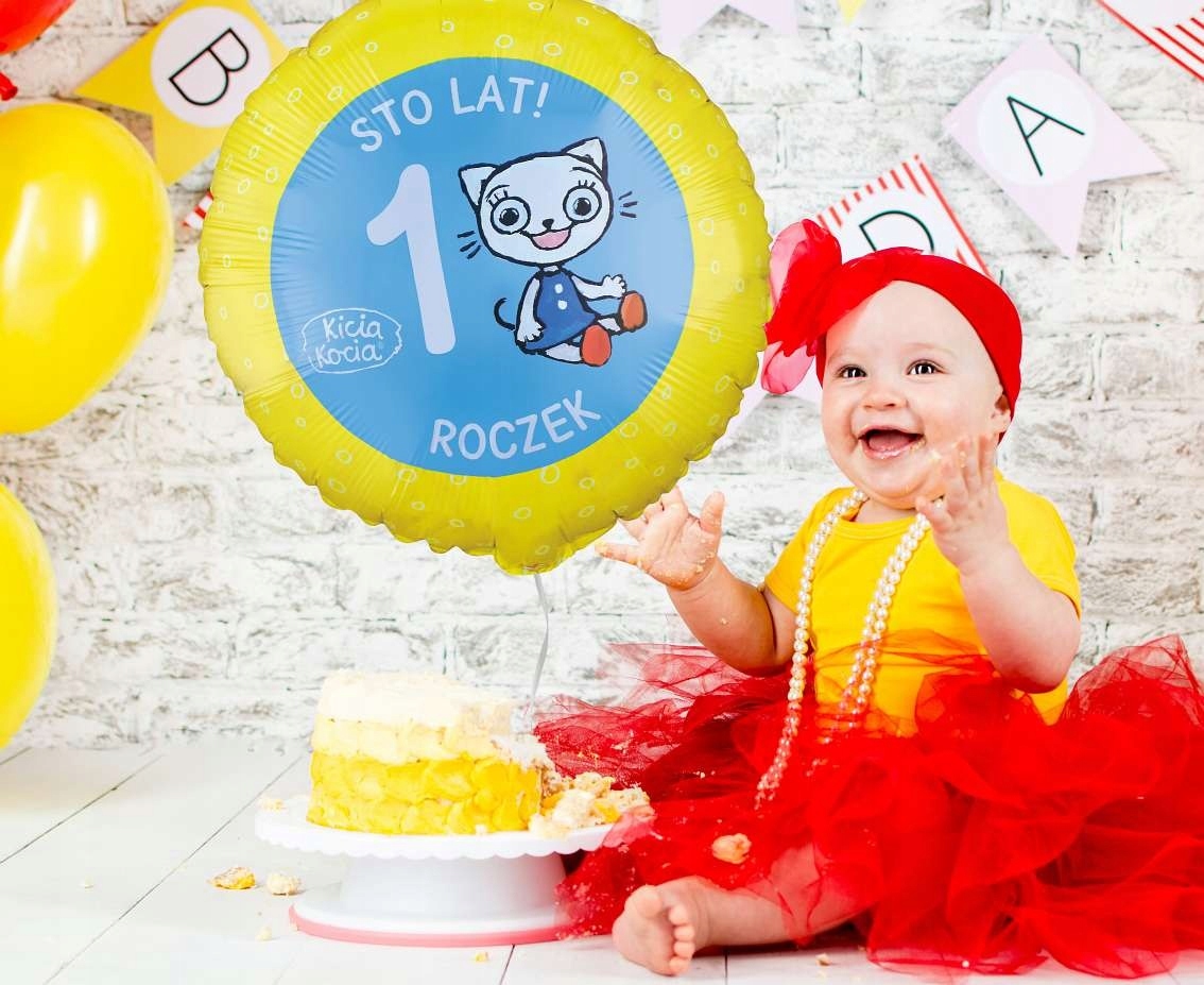 Balon foliowy okrągły Kicia Kocia 1 Urodziny Roczek 45 cm Urodziny - obrazek 2